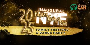 Festive graphic for the 2025 Inaugural New Year's Eve Family Festival & Dance Party by Sonoma CAN. Features glittering gold text on a dark background with sparkling lights.