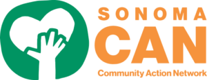 Logo of Sonoma CAN (Community Action Network). A black hand is raised and holding a heart against a green background on the left. The words "Sonoma CAN" are prominently displayed in orange letters to the right, with "Community Action Network" in smaller text below.