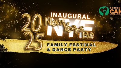 Festive graphic for the 2025 Inaugural New Year's Eve Family Festival & Dance Party by Sonoma CAN. Features glittering gold text on a dark background with sparkling lights.